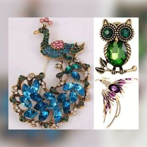 Peacock Owl Phoenix Brooch Bundle Jewel-Tone Crystal Pins Vintage Style Lot